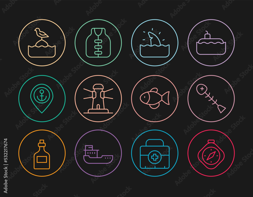 Set line Compass, Dead fish, Shark fin in ocean wave, Lighthouse, Location with anchor, Seagull sits buoy, Fish and Life jacket icon. Vector Set line Compass, Dead fish, Shark fin in ocean wave, Lighthouse, Location with anchor, Seagull sits buoy, Fish and Life jacket icon. Vector