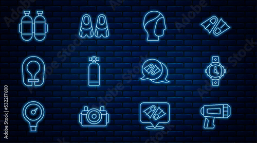 Set line Flashlight for diver, Diving watch, hood, Aqualung, Life jacket, Flippers swimming and icon. Vector
