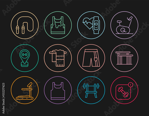 Set line Fitness app, Uneven bars, Smart watch with heart, Towel on hanger, Location gym, Jump rope, Short or pants and Sweaty sleeveless t-shirt icon. Vector