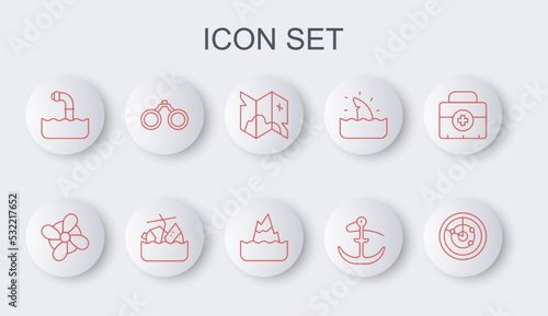 Set line Radar with targets, Boat propeller, Pirate treasure map, Anchor, Periscope, Binoculars, Sinking cruise ship and Iceberg icon. Vector