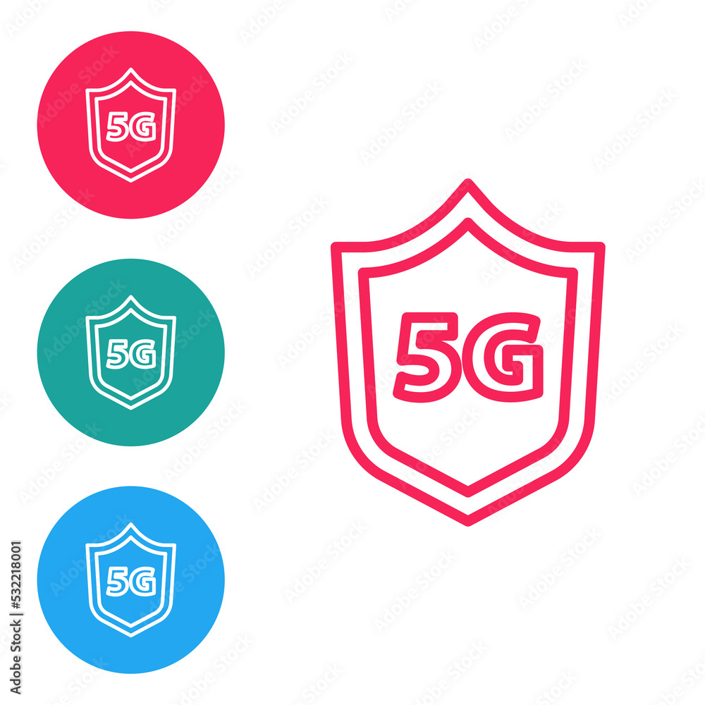 Red line Protective shield 5G wireless internet wifi icon isolated on white background. Global network high speed connection data rate technology. Set icons in circle buttons. Vector Red line Protective shield 5G wireless internet wifi icon isolated on white background. Global network high speed connection data rate technology. Set icons in circle buttons. Vector