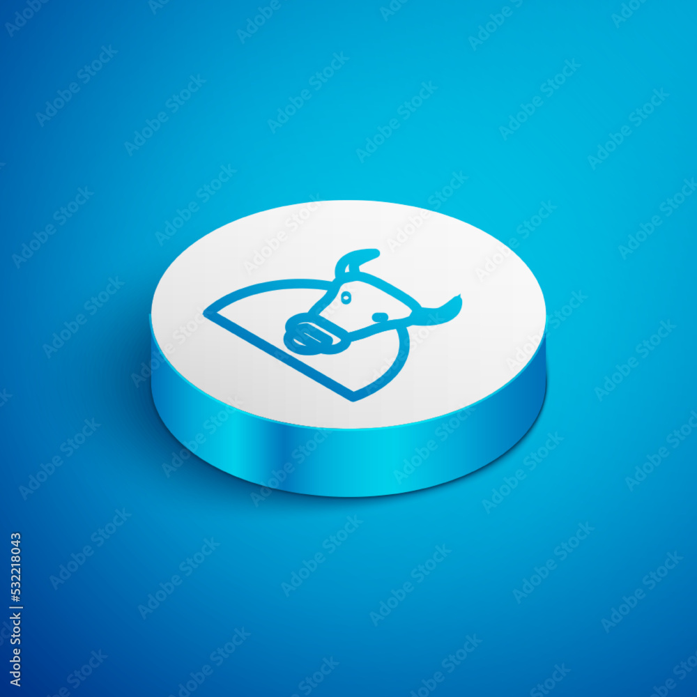 Isometric line Bull icon isolated on blue background. Spanish fighting bull. White circle button. Vector Isometric line Bull icon isolated on blue background. Spanish fighting bull. White circle button. Vector