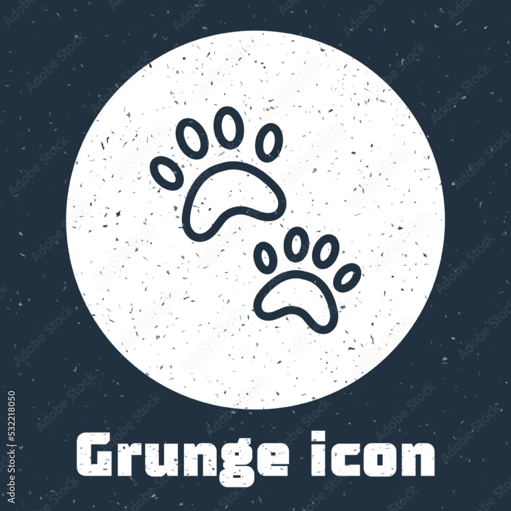 Fototapeta premium Grunge line Paw print icon isolated on grey background. Dog or cat paw print. Animal track. Monochrome vintage drawing. Vector