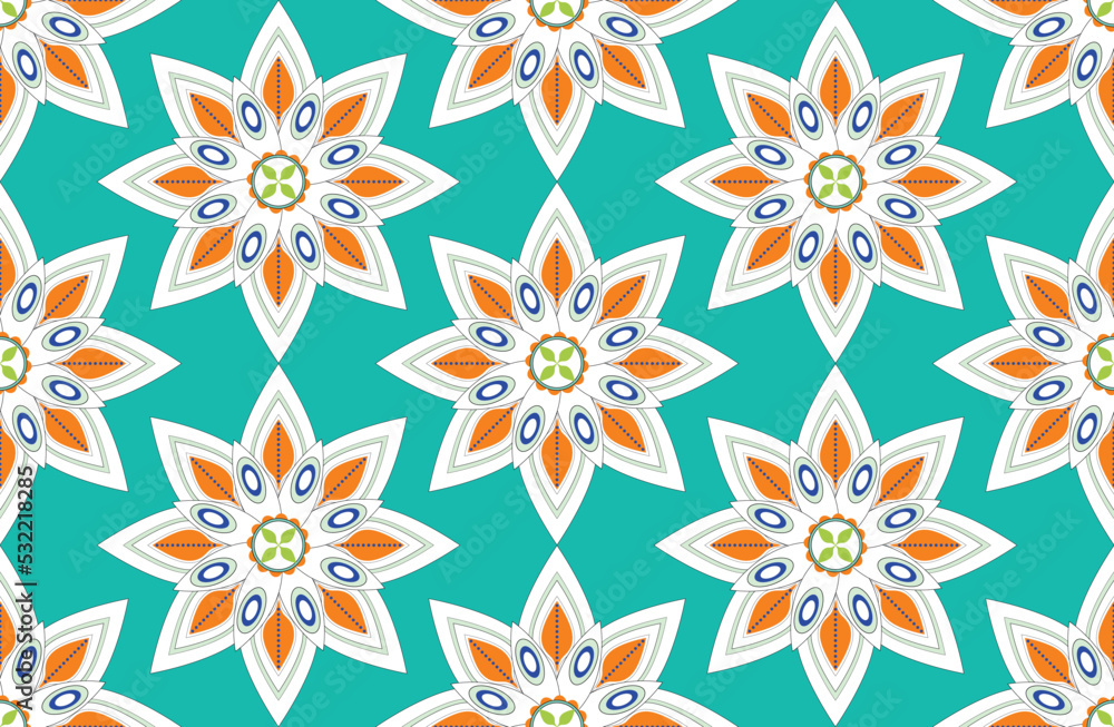 Abstract Geometric Traditional Ethnic Flowers Seamless Tile Pattern Indian Style Trending Retro Chic Design Stylish Colors