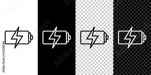 Set line Battery icon isolated on black and white, transparent background. Lightning bolt symbol. Vector