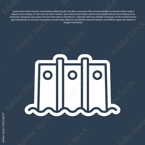 Blue line Hydroelectric dam icon isolated on blue background. Water energy plant. Hydropower. Hydroelectricity. Vector