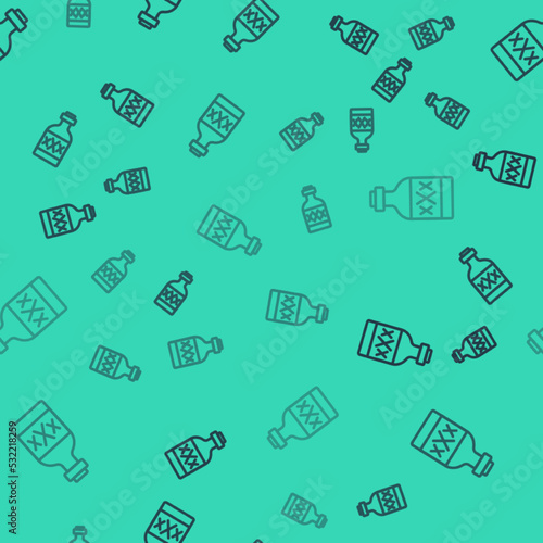 Black line Tequila bottle icon isolated seamless pattern on green background. Mexican alcohol drink. Vector