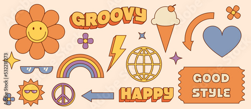 set of funny cartoon sticker groovy hippie funky in retro 70s psychedelic style. ice cream, rainbow, flower, glasses