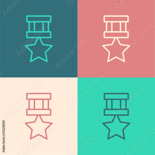 Pop art line Military reward medal icon isolated on color background. Army sign. Vector