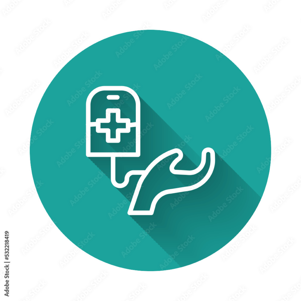 White line Blood donation icon isolated with long shadow background. Green circle button. Vector White line Blood donation icon isolated with long shadow background. Green circle button. Vector