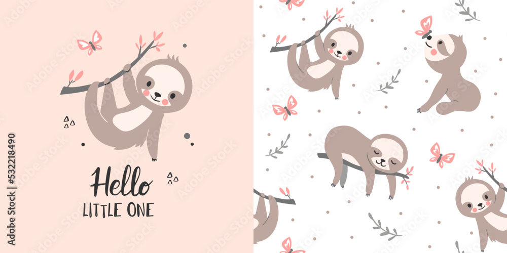 Fototapeta premium Cute seamless pattern with sloth bear. Hand drawn vector print and pattern.