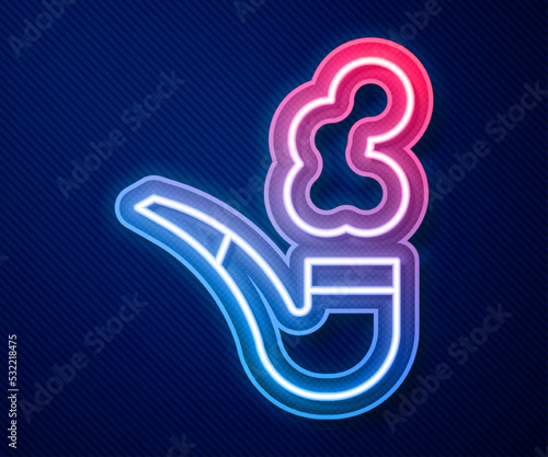 Glowing neon line Smoking pipe with smoke icon isolated on blue background. Tobacco pipe. Vector