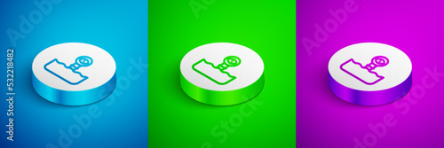 Isometric line Periscope in the waves above the water icon isolated on blue, green and purple background. White circle button. Vector
