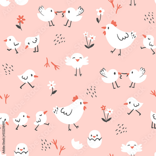 Сhildish pattern with chickens and hen, kids print. Spring seamless background, cute vector texture for kids bedding, fabric, wallpaper, wrapping paper, textile, t-shirt print © Colorlife