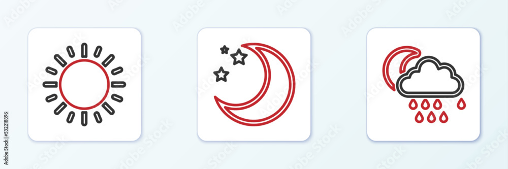 Set line Cloud with rain and moon, Sun and Moon stars icon. Vector Set line Cloud with rain and moon, Sun and Moon stars icon. Vector