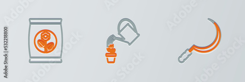Set line Sickle, Fertilizer bag and Watering can icon. Vector