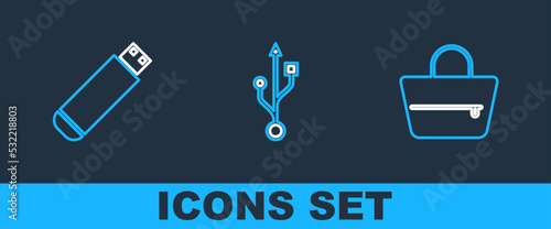 Set line Handbag, USB flash drive and icon. Vector