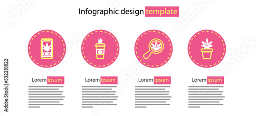 Set line Magnifying glass and marijuana, Marijuana plant pot, Cup coffee with and Online buying icon. Vector