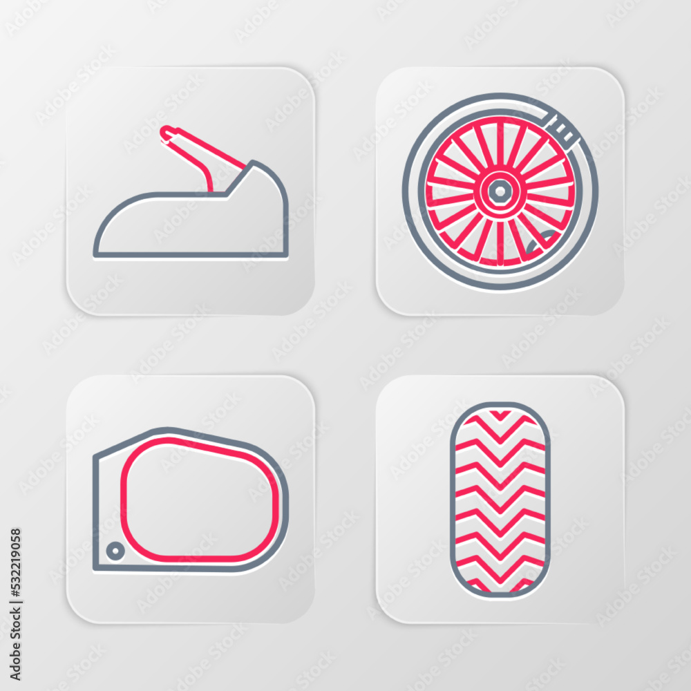 Set line Car tire, mirror, wheel and handbrake icon. Vector Set line Car tire, mirror, wheel and handbrake icon. Vector