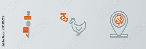 Set line Location and tree, Standalone sensor and Chicken farm camera icon. Vector