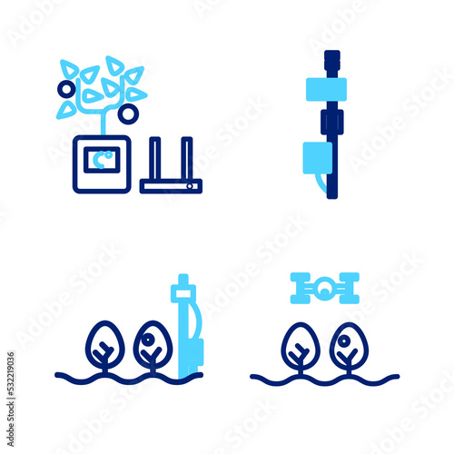 Set line Smart farm with drone, Standalone sensor and plant, and farming technology icon. Vector