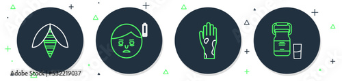 Set line Fatigue, Hand with psoriasis or eczema, Bee and Can container for milk icon. Vector