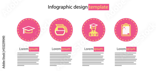 Set line Graduate with graduation cap, Clipboard dental card, Coffee pot and Graduation icon. Vector