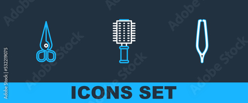 Set line Eyebrow tweezers, Scissors and Hairbrush icon. Vector