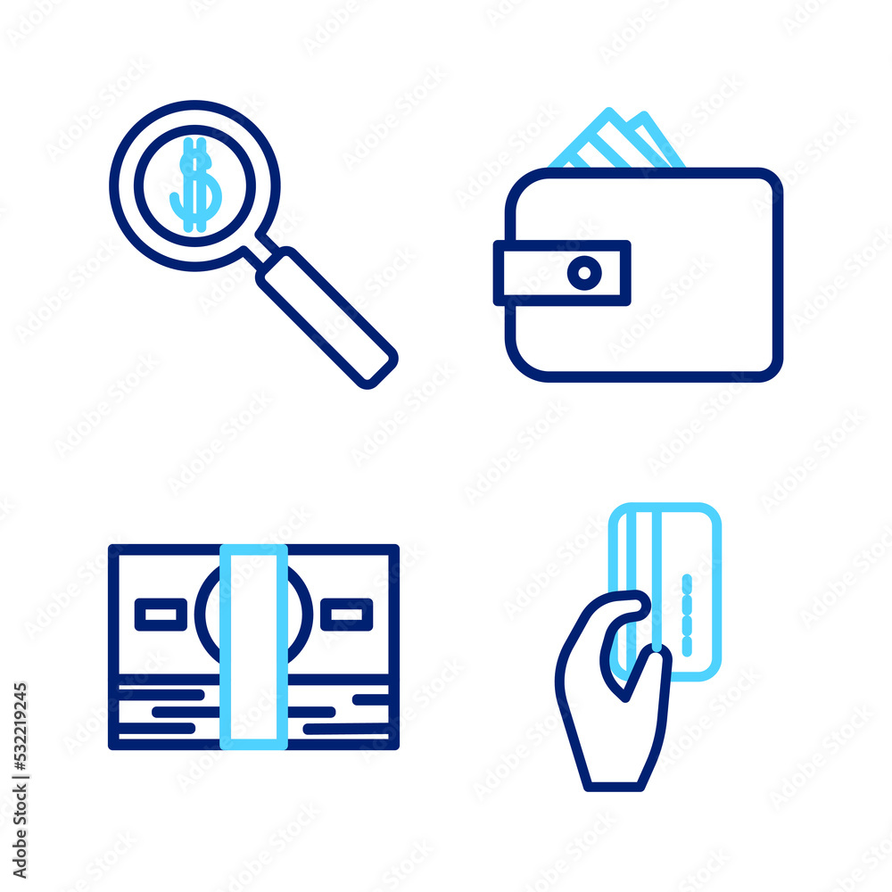 Set line Hand holding with credit card, Stacks paper money cash, Wallet and Magnifying glass dollar icon. Vector Set line Hand holding with credit card, Stacks paper money cash, Wallet and Magnifying glass dollar icon. Vector