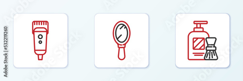 Set line Shaving gel foam and brush, Electrical hair clipper or shaver and Hand mirror icon. Vector