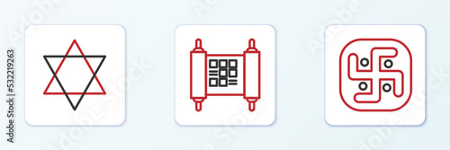 Set line Jainism, Star of David and Decree, paper, parchment, scroll icon. Vector