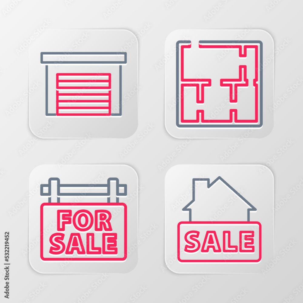 Set line Hanging sign with Sale, For, House plan and Garage icon. Vector Set line Hanging sign with Sale, For, House plan and Garage icon. Vector