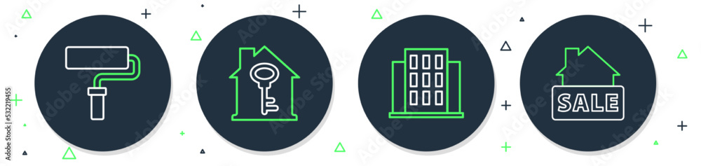 Set line House with key, Paint roller brush and Hanging sign Sale icon. Vector Set line House with key, Paint roller brush and Hanging sign Sale icon. Vector