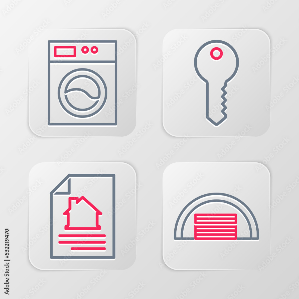 Set line Garage, House contract, key and Washer icon. Vector Set line Garage, House contract, key and Washer icon. Vector