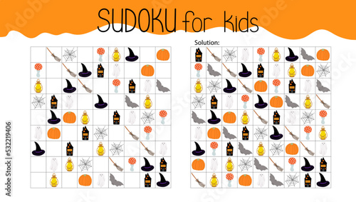 Sudoku educational game or leisure activity worksheet vector illustration, printable grid to fill in missing images, Halloween topical vocabulary, puzzle with its solution, teachers resources