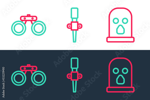 Set line Balaclava, Binoculars and Torch flame icon. Vector