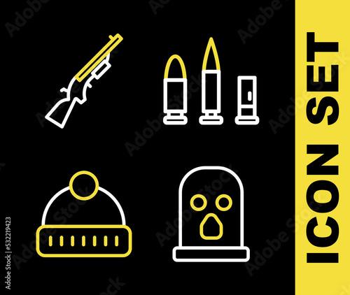 Set line Bullet and cartridge, Balaclava, Winter hat and Shotgun icon. Vector