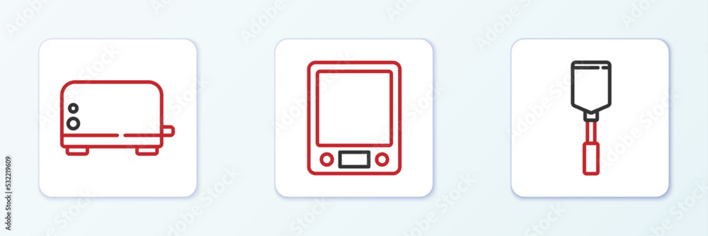 Set line Spatula, Toaster and Electronic scales icon. Vector Set line Spatula, Toaster and Electronic scales icon. Vector
