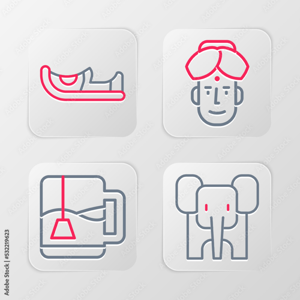 Set line Elephant, Cup of tea with tea bag, Indian man and shoes icon. Vector Set line Elephant, Cup of tea with tea bag, Indian man and shoes icon. Vector