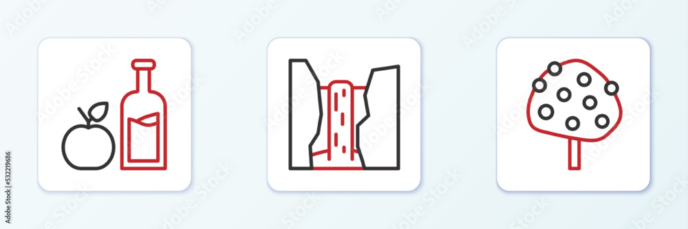 Set line Orange tree, Apple cider bottle and Algar waterfall icon. Vector Set line Orange tree, Apple cider bottle and Algar waterfall icon. Vector