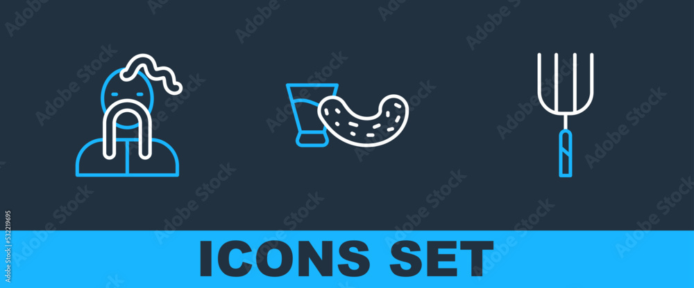 Set line Garden pitchfork, Ukrainian cossack and Glass with vodka icon. Vector Set line Garden pitchfork, Ukrainian cossack and Glass with vodka icon. Vector