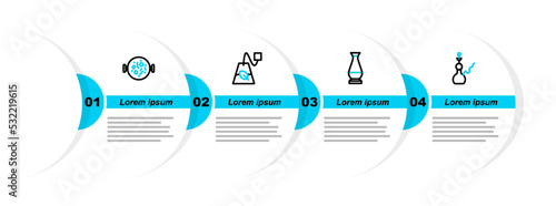 Set line Hookah, Indian vase, Tea bag and Chicken tikka masala icon. Vector