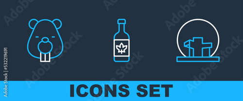 Set line Montreal Biosphere, Beaver animal and Beer bottle icon. Vector