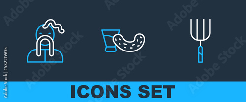 Set line Garden pitchfork, Ukrainian cossack and Glass with vodka icon. Vector
