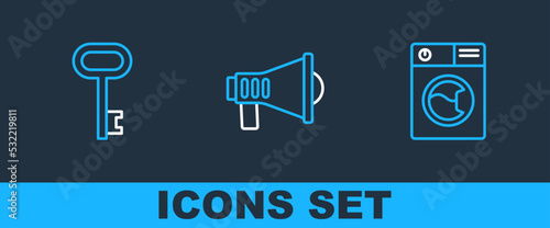 Set line Washer, House key and Megaphone icon. Vector