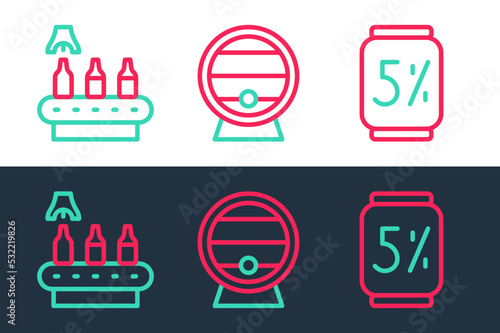 Set line Beer can, Conveyor band, beer and Wooden barrel rack icon. Vector