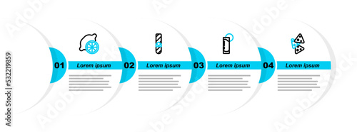 Set line Nachos, Tequila glass with lemon, Cigar and Lemon icon. Vector