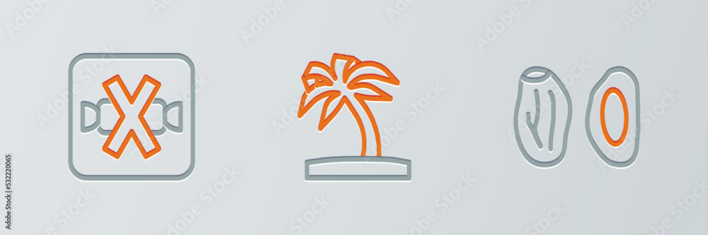 Set line Date fruit, No sweets and Tropical palm tree icon. Vector Set line Date fruit, No sweets and Tropical palm tree icon. Vector