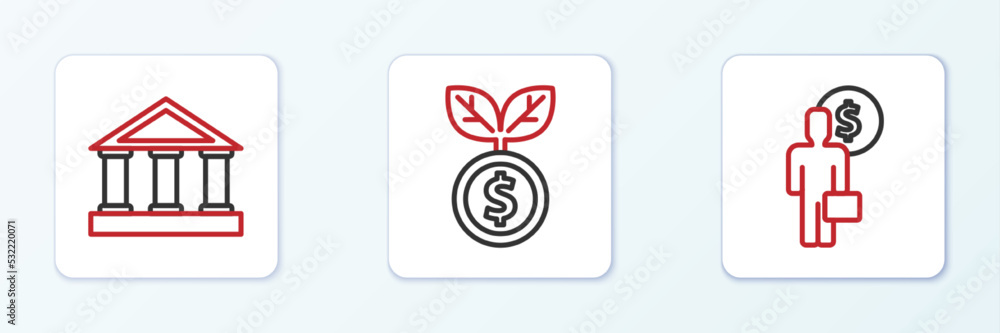 Set line Business man planning mind, Bank building and Dollar plant icon. Vector Set line Business man planning mind, Bank building and Dollar plant icon. Vector