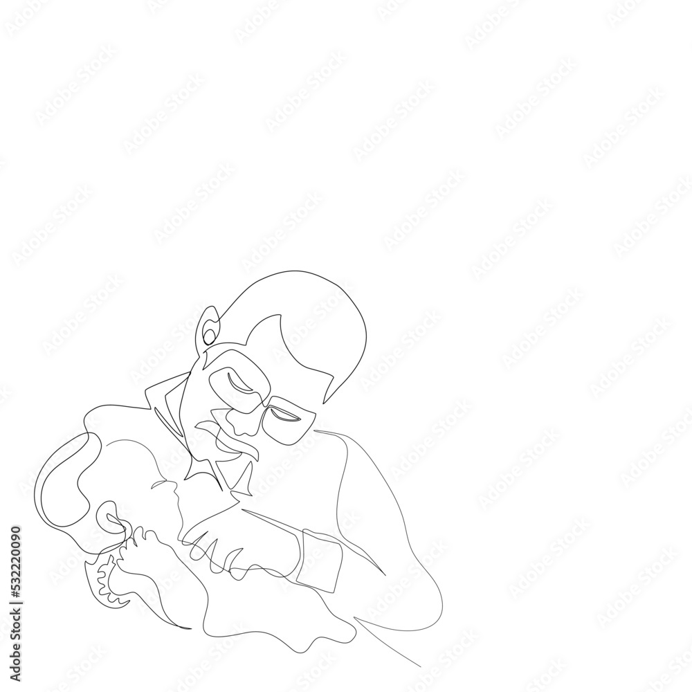 Young father hugging a first born in his arm.Front view of Daddy holding baby in his hand in single line drawing style.Vector isolate flat continue line design of Father’s Day or happy Children’s day Young father hugging a first born in his arm.Front view of Daddy holding baby in his hand in single line drawing style.Vector isolate flat continue line design of Father’s Day or happy Children’s day